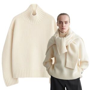 COS Cream Knit Ribbed Cuff Cashmere Oversized Chunky Funnel Neck Sweater Jumper